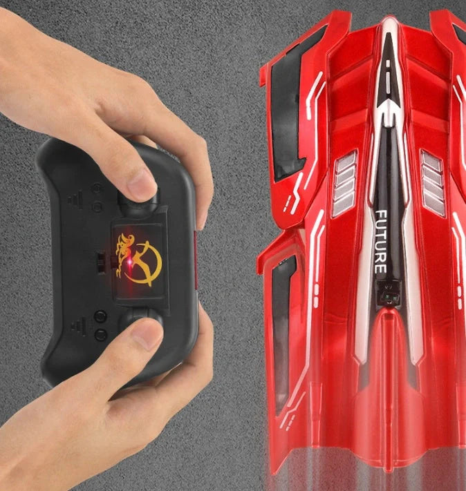 RC Wall Climbing Car defying gravity on a ceiling with LED lights on
