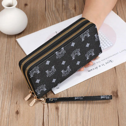 Black European retro style PU leather long wallet clutch open to show mobile phone pocket, coin purse, and zipper compartments