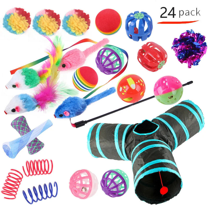 Pet cat toy suit cat channel funny cat ball play set with plastic tubes and random coloured accessories for indoor feline entertainment and interactive play.