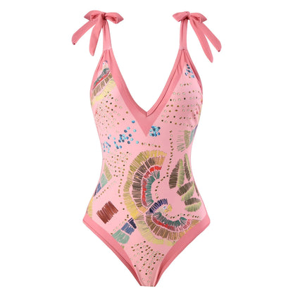 Blue French retro one-piece swimsuit with a detachable gauze skirt on a mannequin, backless design.