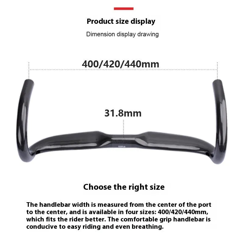 Road bicycle carbon fibre drop handlebar in black, grey, and silver UD finish showing 400mm, 420mm, and 440mm size options.