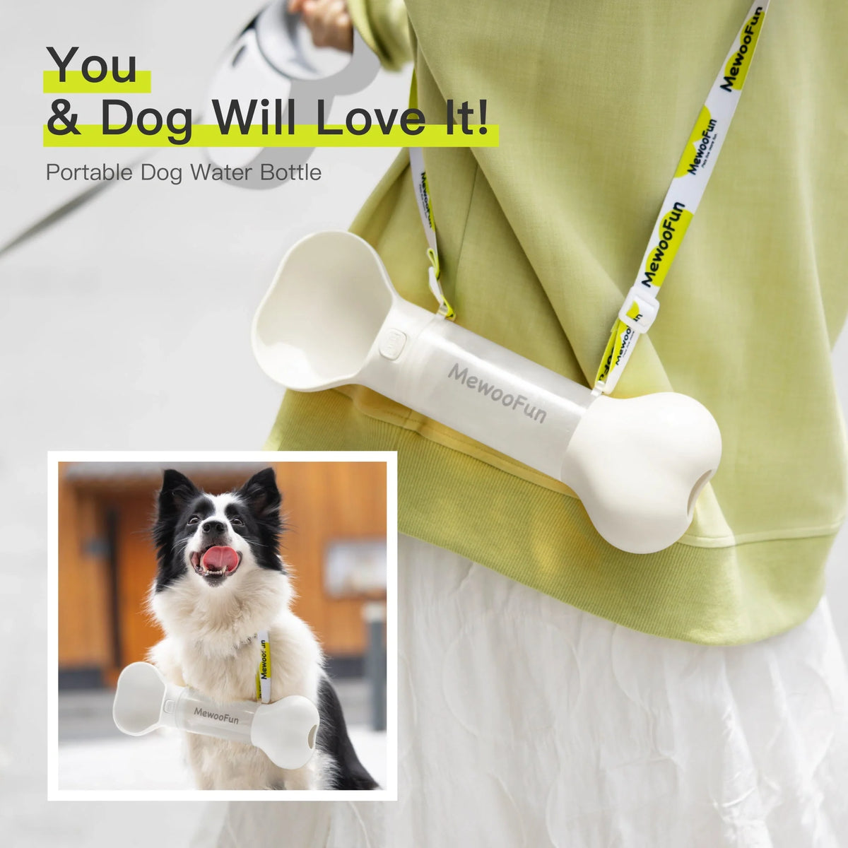Mewoofun 2-in-1 pet water bottle and feeder bowl in white, green, yellow, and pink