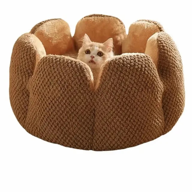 Green petal cactus-shaped plush cat bed with a cave-like opening on a wooden floor