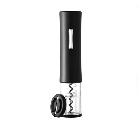 Black electric wine opener with transparent cover and aluminum foil cutter on wooden table