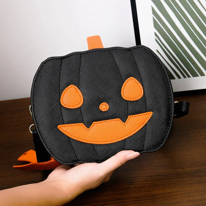 Pumpkin cartoon shoulder bag with adjustable strap and roomy interior, available in various Halloween-inspired colors