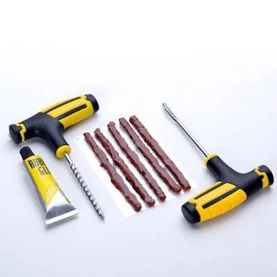 Vacuum tire repair tool kit for car and motorbike puncture emergencies, 8 piece auto tire repair set includes 5 rubber tire strips, glue, probe, rubber strip pin, ideal for repairing tubeless car and motorcycle tyres.