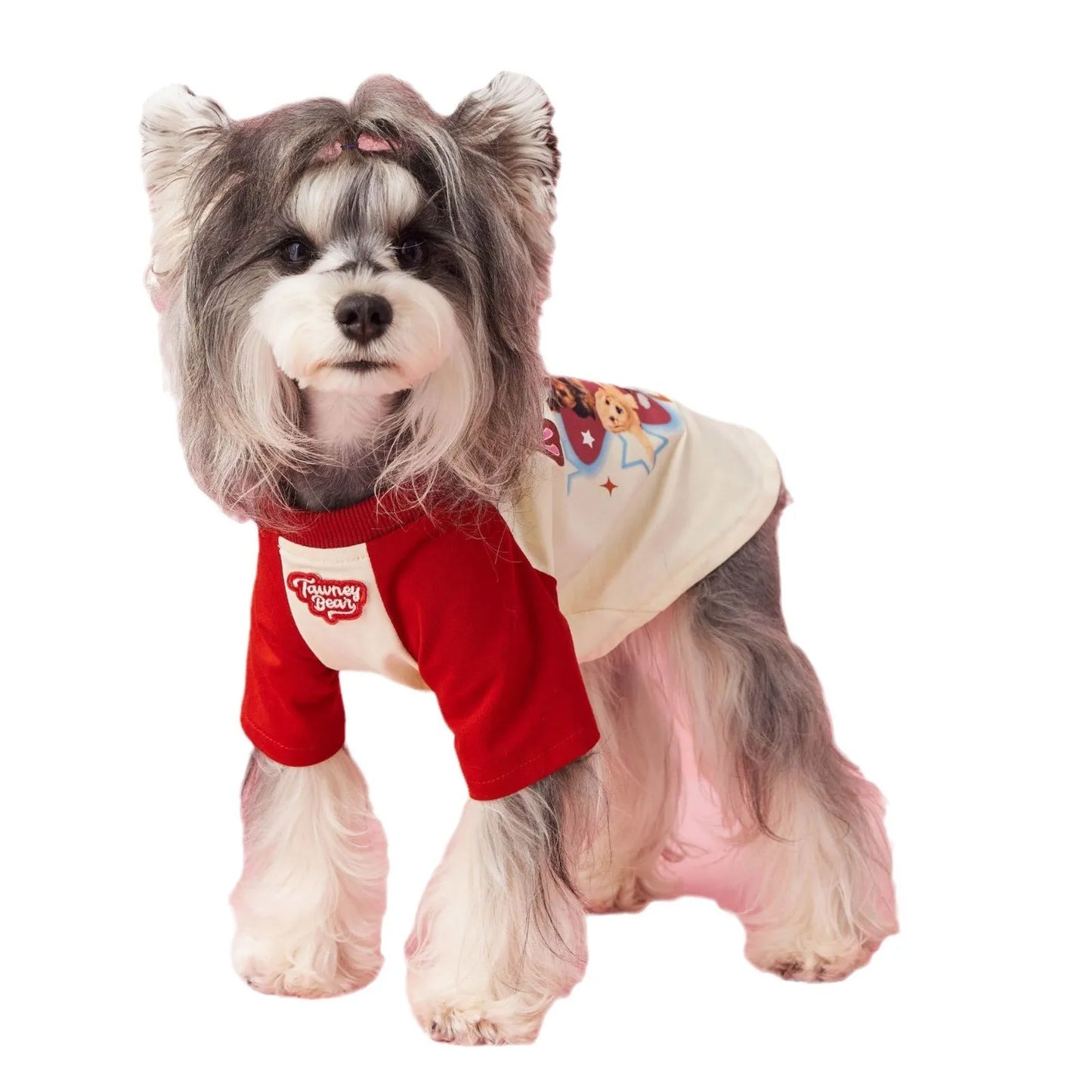 Red cotton dog summer clothes with contrast embroidery, laid flat showing size label.