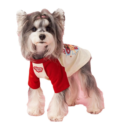 Red cotton dog summer clothes with contrast embroidery, laid flat showing size label.