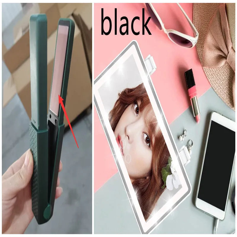 Pink and green cordless mini USB hair straightener and curler with ceramic plates.