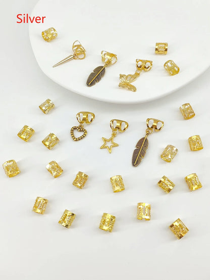 Pack of 26 antique-style dirty braid hair rings in alloy metal with gold electroplated finish.