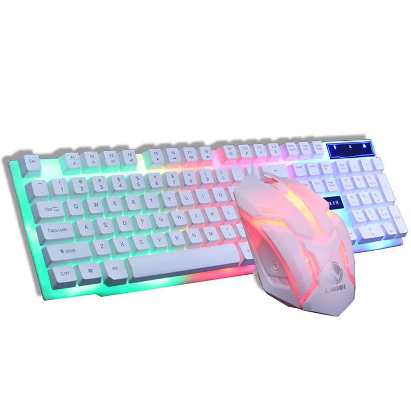 GTX300 black and white wired gaming keyboard and mouse set with backlit keys on desk