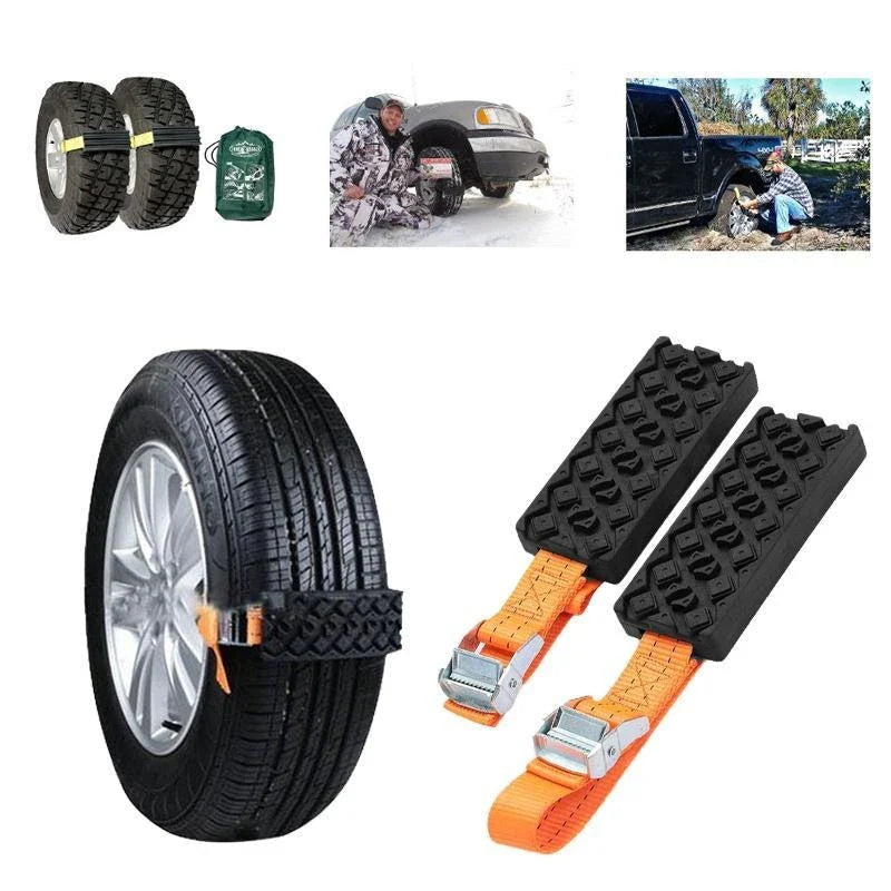 Premium snow tire chains with rugged rubber and nylon construction for maximum traction on icy and snowy roads