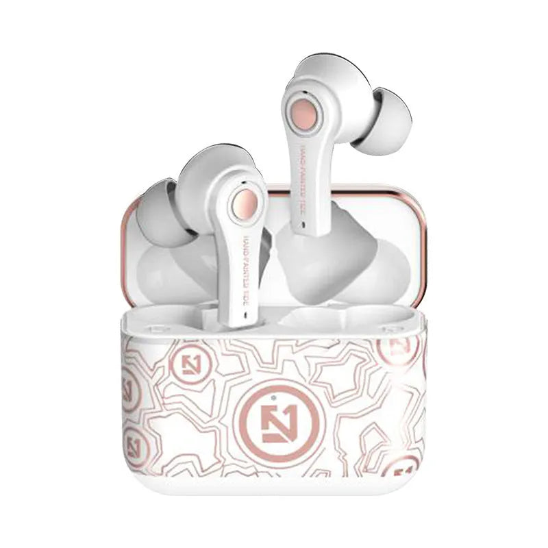 Black and white wireless Bluetooth headset showing head-mounted design with 18-metre range