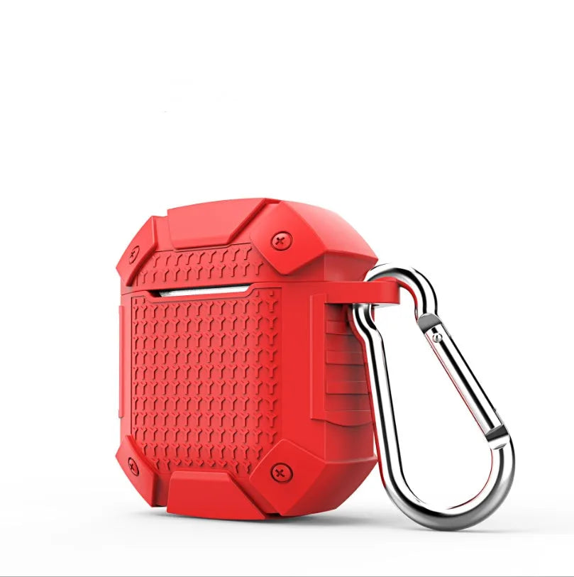 Silicone back cover for AirPods charging case in blue, red, black, or royal blue.