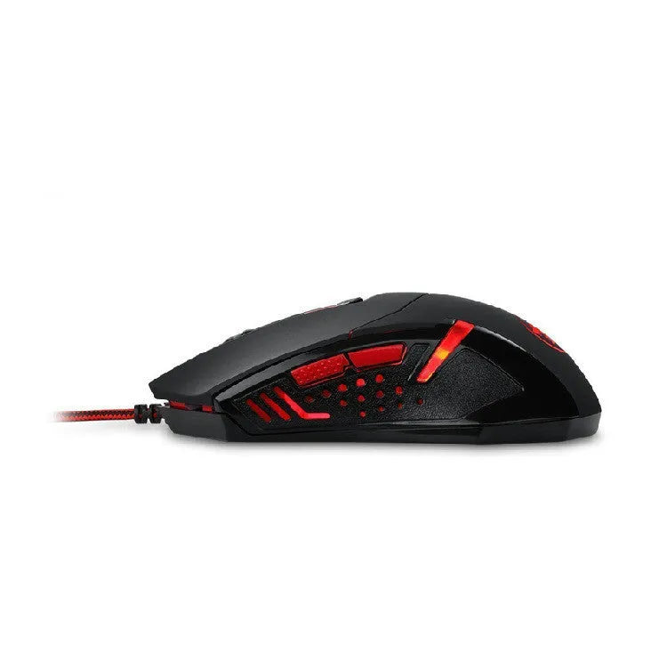 Black and red USB wired optical gaming mouse on a desk with visible buttons and scroll wheel.