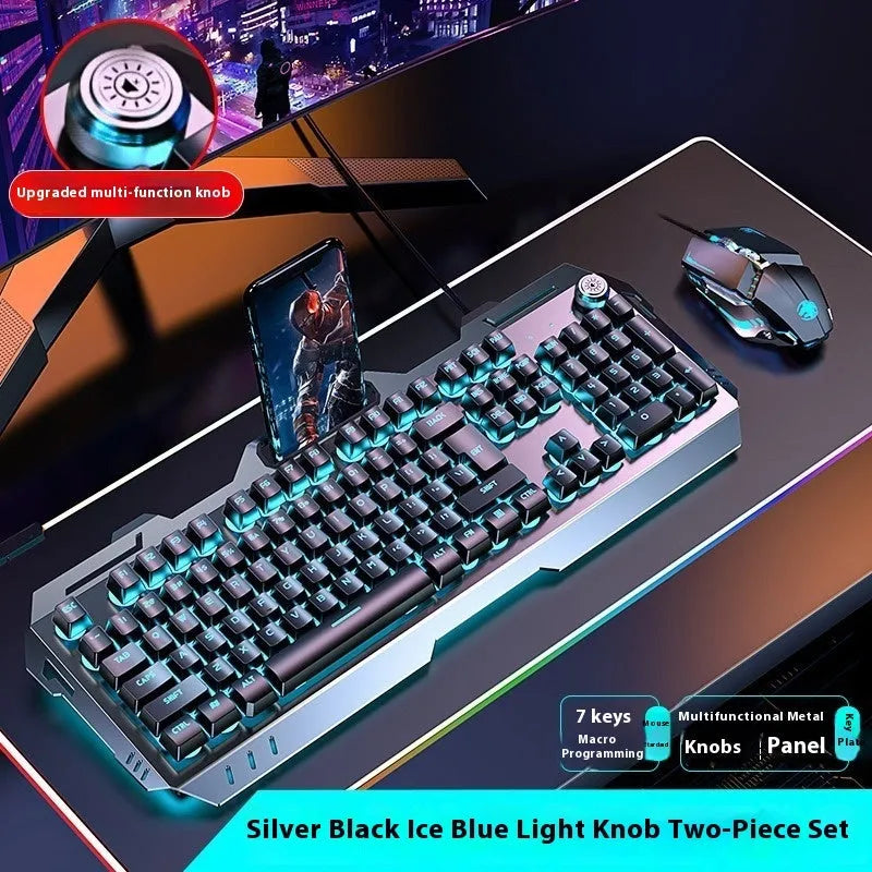 Aluminium alloy mechanical gaming keyboard with rainbow lighting, shown with a macro mouse and gaming headset.