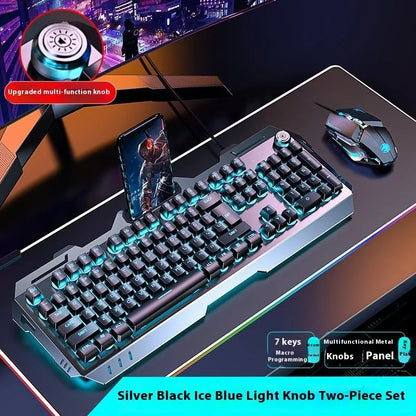 Aluminium alloy mechanical gaming keyboard with rainbow lighting, shown with a macro mouse and gaming headset.