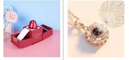 Valentine's Day Metal Rose Jewelry Gift Box Necklace with adjustable crystal necklace and maroon gift box