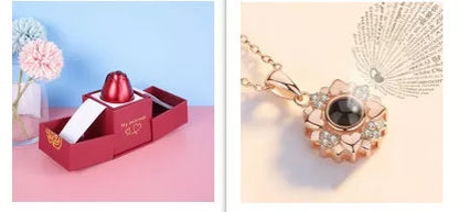 Valentine's Day Metal Rose Jewelry Gift Box Necklace with adjustable crystal necklace and maroon gift box