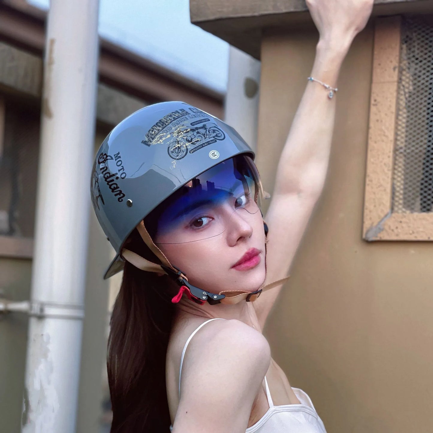 Electric bicycle helmet with retro half design in bright black gradient blue colour, showing ABS material construction and gradient lens