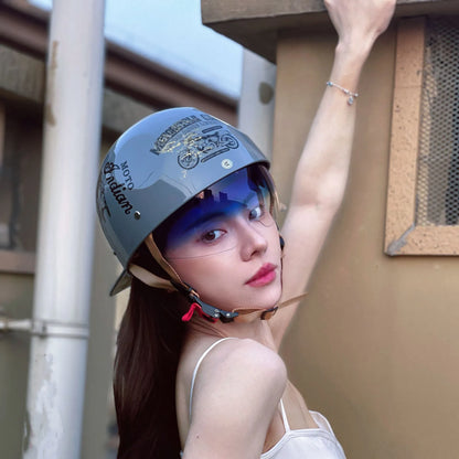 Electric bicycle helmet with retro half design in bright black gradient blue colour, showing ABS material construction and gradient lens