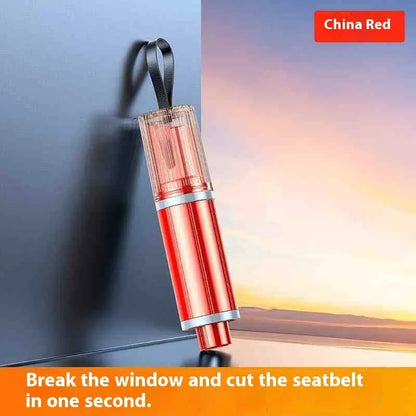 Black and red ABS plastic car safety hammer with spring-loaded window breaker and seatbelt cutter