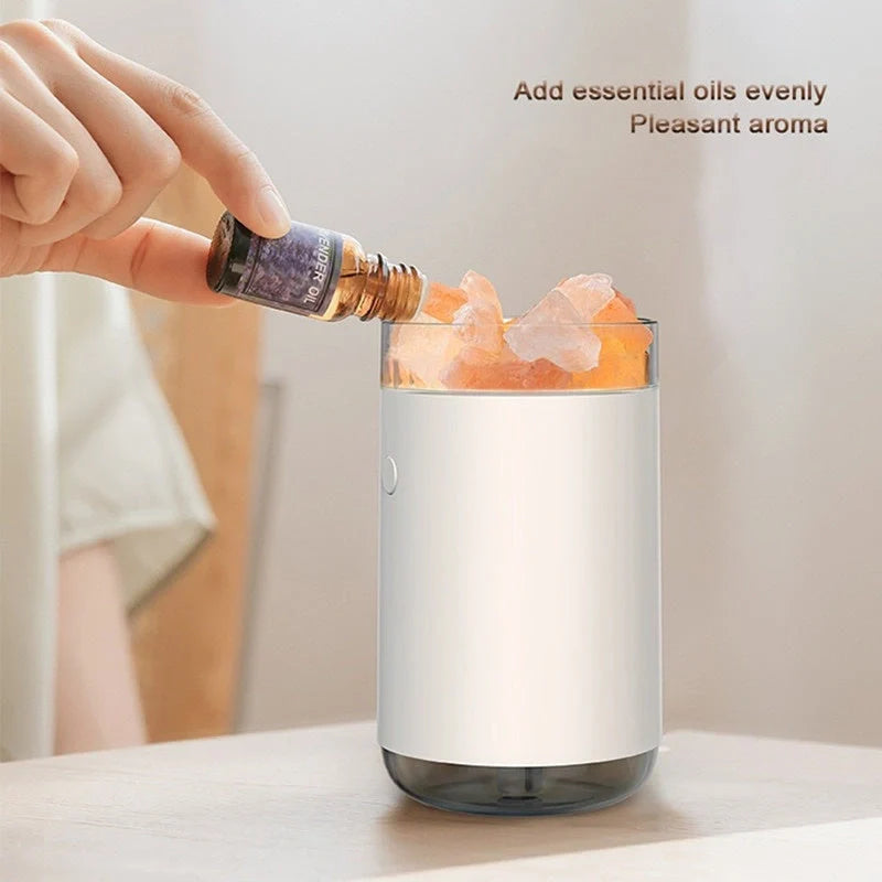 Crystal Salt Stone Air Humidifier with Aromatherapy and LED Lamp on desk