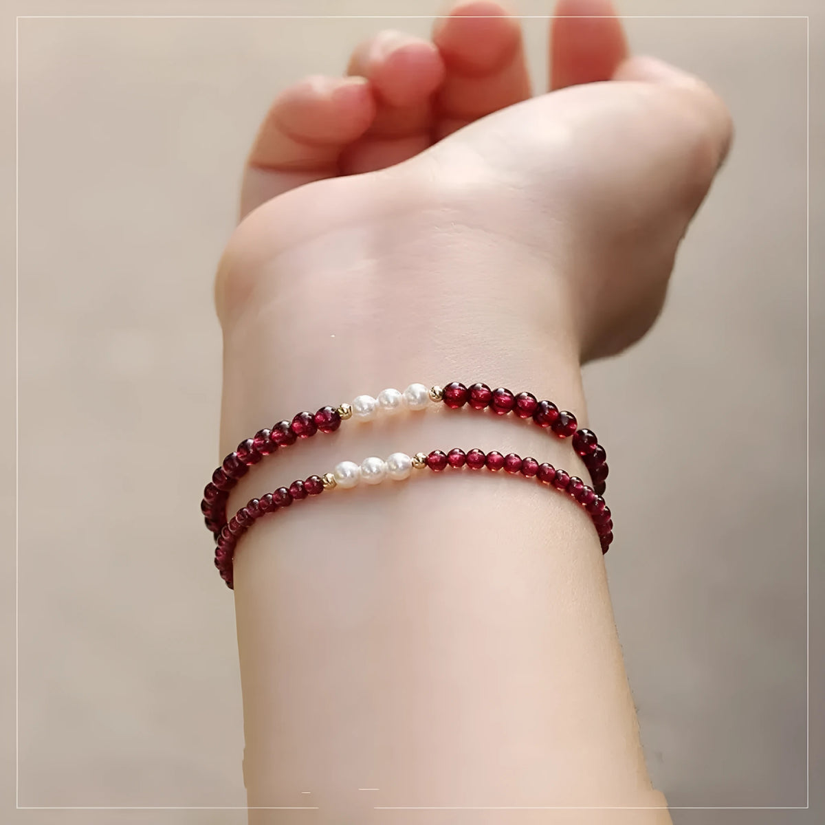 Women's crystal pearl bracelet with Chinese garnet beads in 3mm and 4mm sizes for office fashion wear