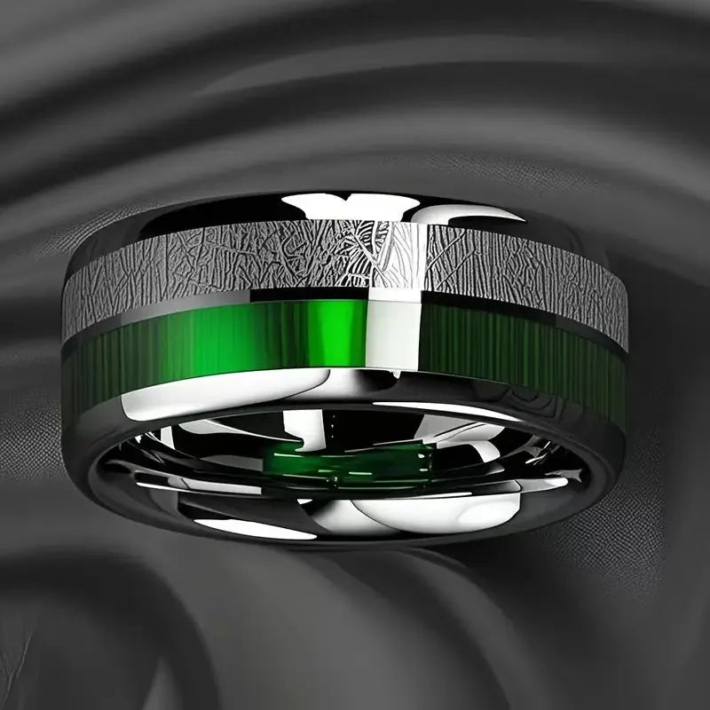 Men's 8mm stainless steel ring with green marble inlay and electroplated rigid colour finish