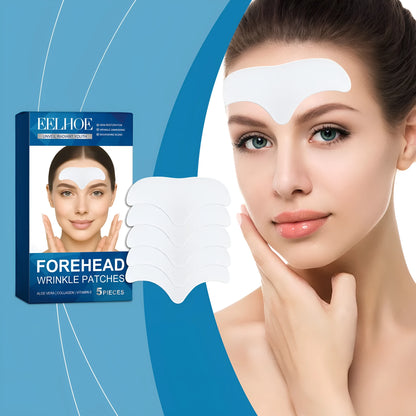 Pack of 5 single-use forehead moisturising patches on non-woven fabric.
