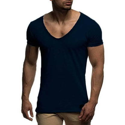 Men's V-neck short sleeve slim fit t-shirt in red, black, white, grey, navy blue, or lake blue, made from 90% modal.