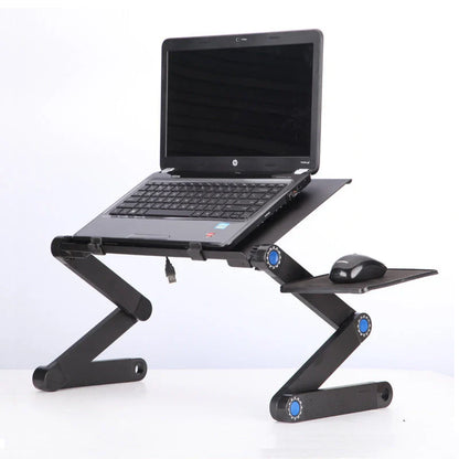 Adjustable folding laptop stand with ergonomic design and mouse pad in cool black and rose pink
