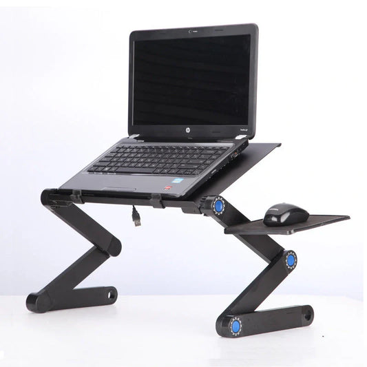 Adjustable folding laptop stand with ergonomic design and mouse pad in cool black and rose pink