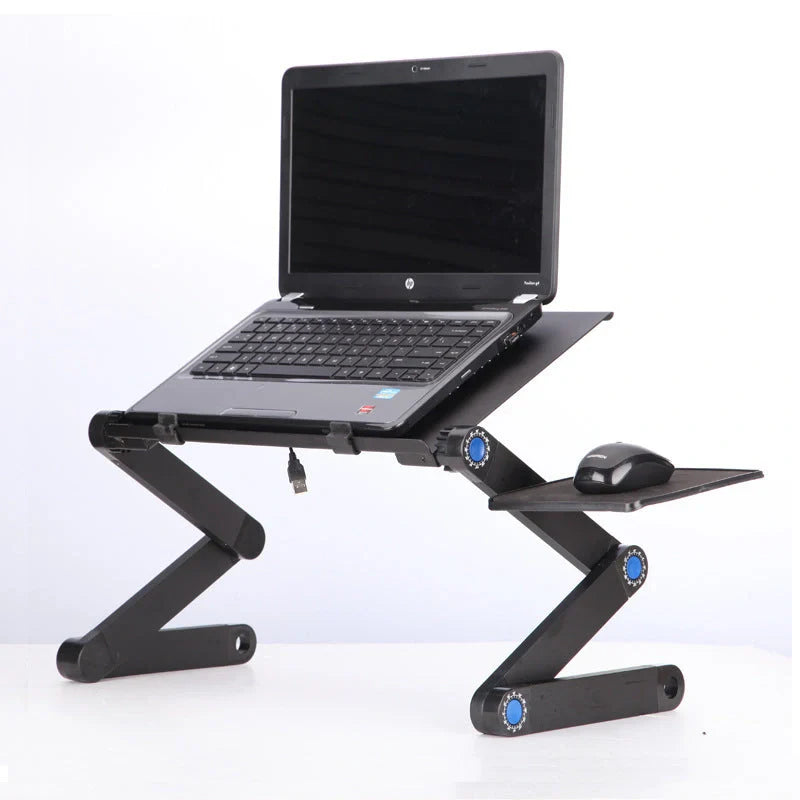 Adjustable folding laptop stand with ergonomic design and mouse pad in cool black and rose pink