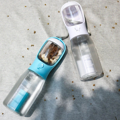 Multifunctional pet water bottle with built-in poop bag dispenser, available in turquoise, pink, and white colors