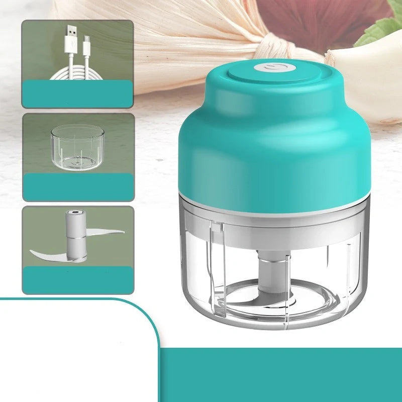 Compact USB rechargeable electric garlic masher in green, pink, and yellow