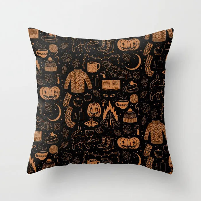 Halloween-themed cartoon print cushion cover on a sofa, 45x45 cm size.