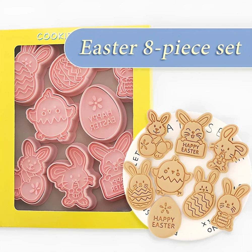 8-piece plastic cartoon bunny and Easter egg biscuit molds, irregular shapes 6-10cm wide for easy dough pressing