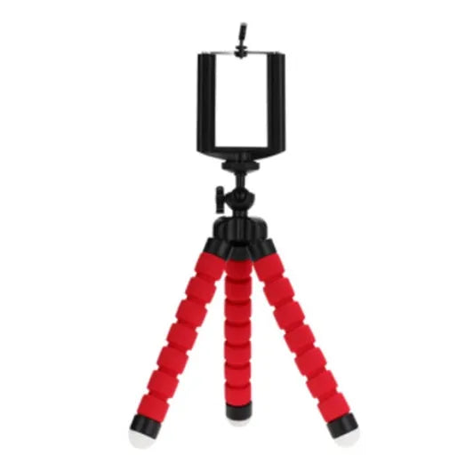 Black flexible octopus tripod with legs wrapped around a pole, holding a smartphone with a clip mount.