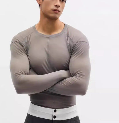 Black slim-fit mesh texture long sleeve pullover on a hanger.