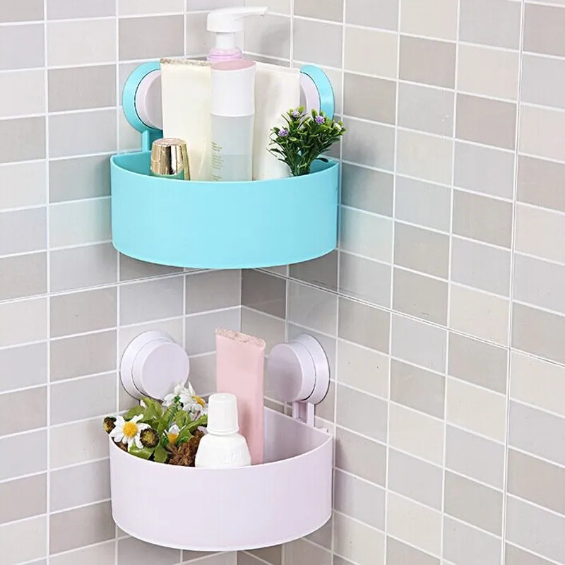 Bathroom corner shelf in blue, green, rose or white, triangle shape, double suckers, drainage holes, 7.5 x 14.5 x 14.5 cm