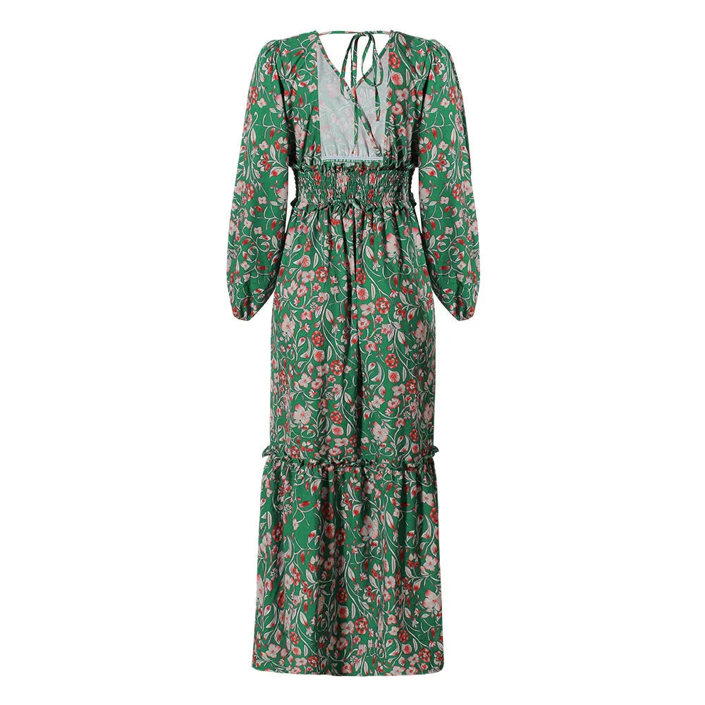 Elegant green printed halter dress with flared sleeves, made of high-quality polyester fabric