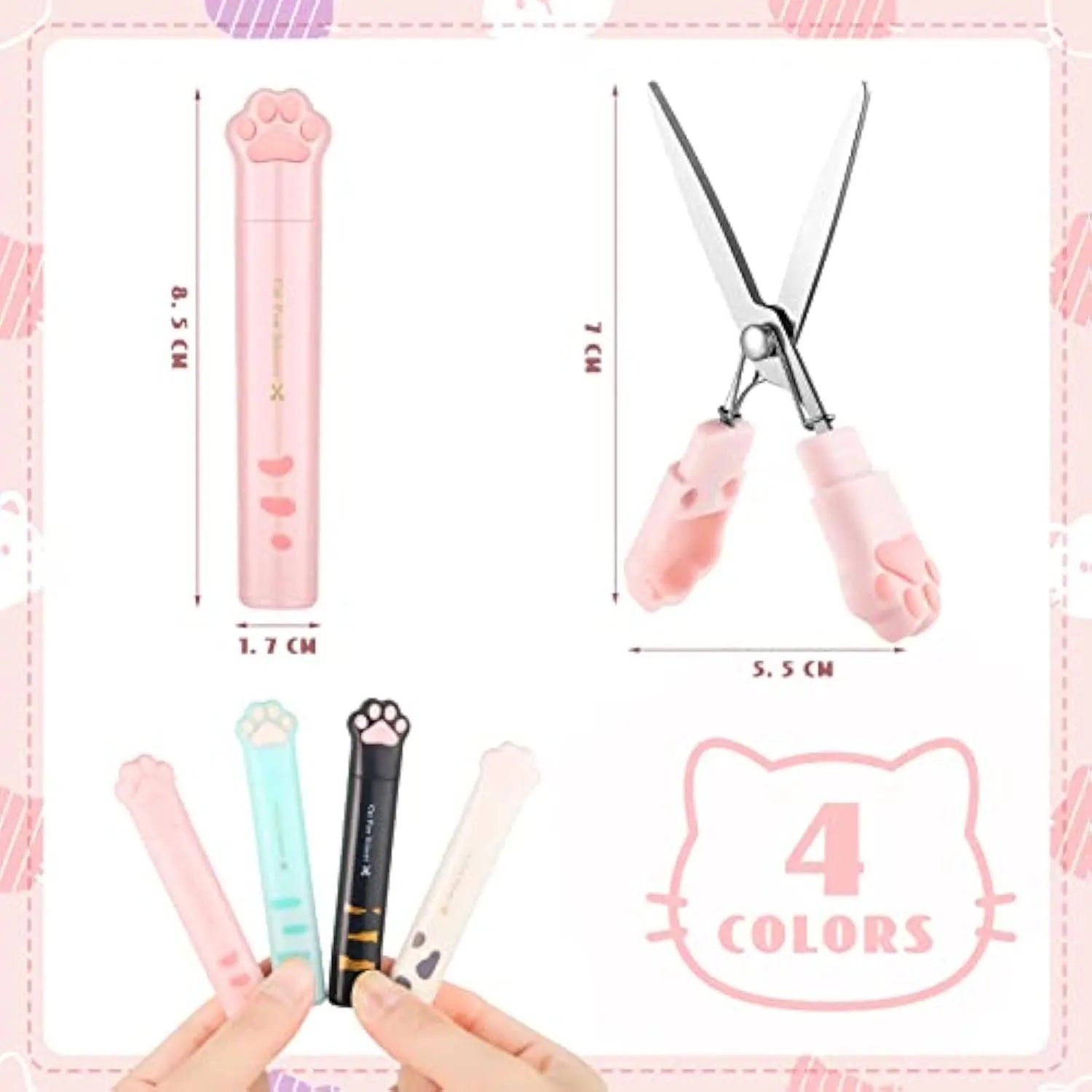 Closed cat paw design mini folding scissors showing safety lock, in choice of colours.