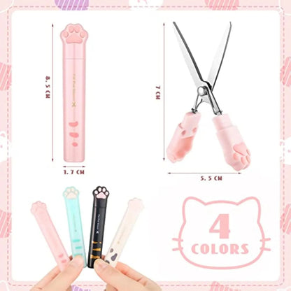 Closed cat paw design mini folding scissors showing safety lock, in choice of colours.