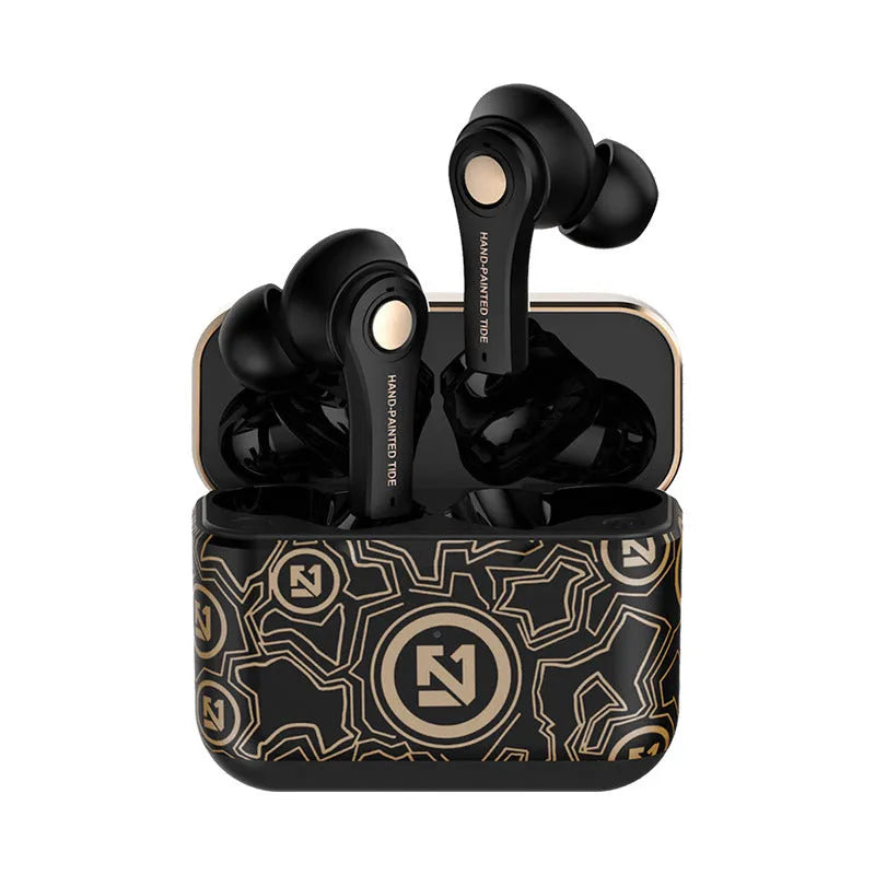 Black and white wireless Bluetooth headset showing head-mounted design with 18-metre range