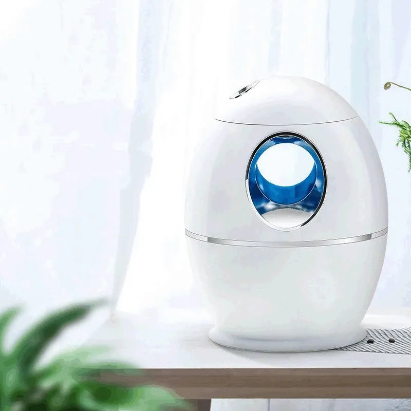 White columnar air disinfection humidifier with USB cable on wooden surface