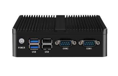 Industrial fanless quad-core mini-host with compact 13.6cm dimensions and dual-network ports