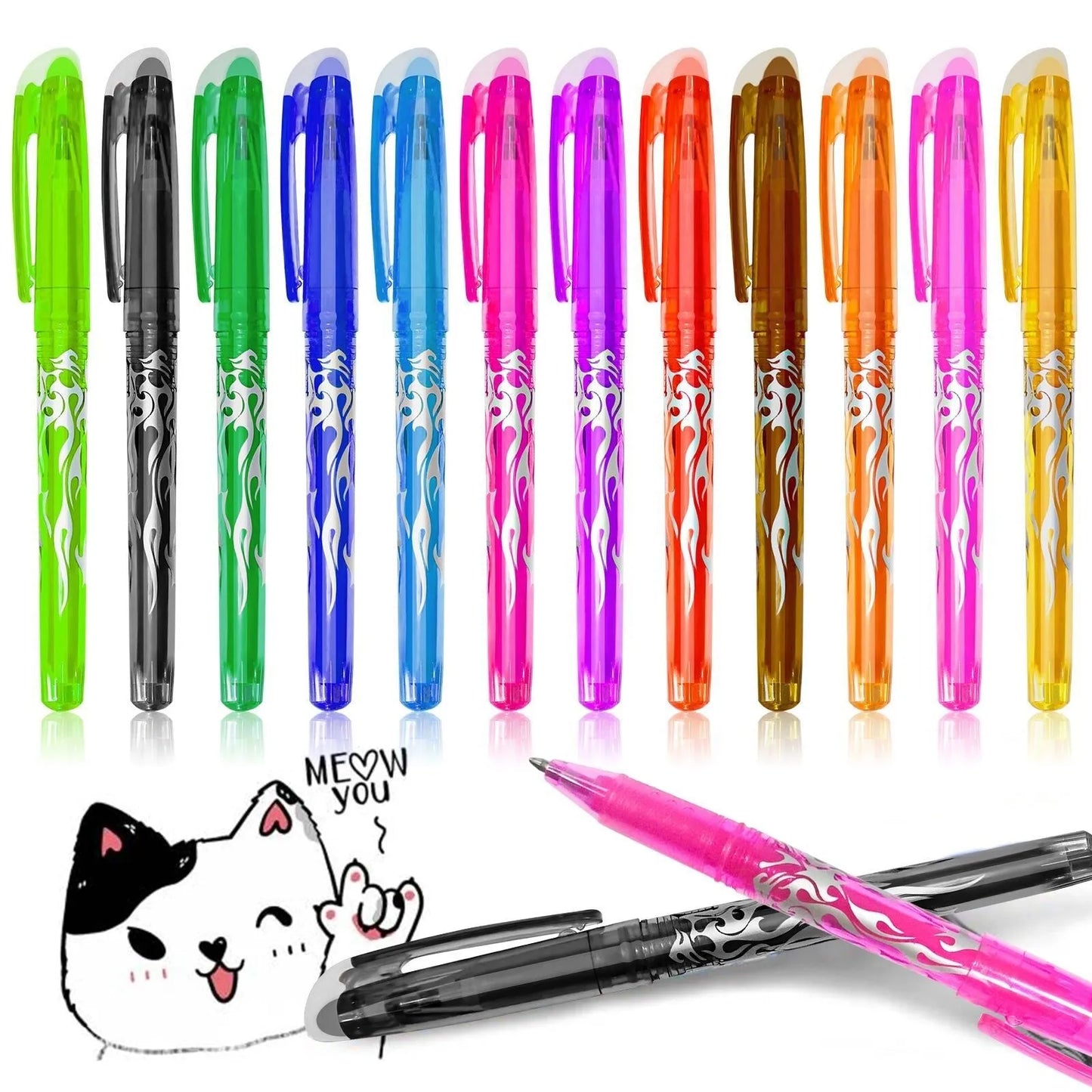 Hot erasable gel pen with stainless steel nib and plastic shell, available in 12 or 8 colour sets for office use