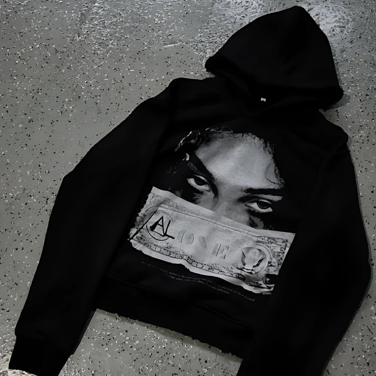 Black women's hooded sweater with printed cartoon design, loose fit casual wear
