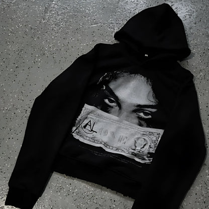 Black women's hooded sweater with printed cartoon design, loose fit casual wear